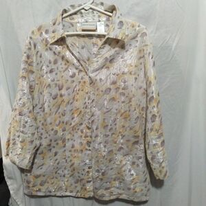 Alfred Dunner Gauze Cotton Metallic Bottondown Shirt Blouse Top 16 W. 3/4 Sleeve